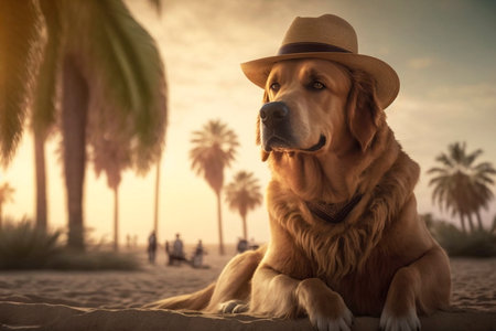 Golden Retriever dog in a hat on the beach at sunsetの素材
