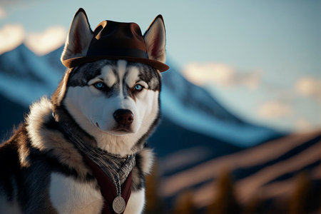 Siberian Husky in hat and scarf on the background of mountainsの素材