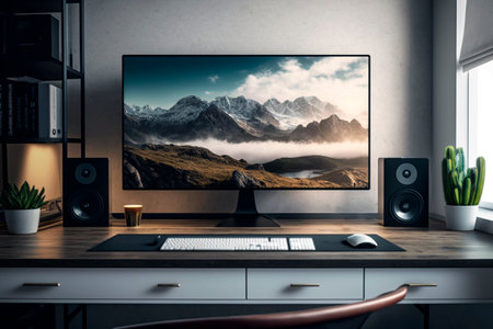Computer on wooden desktop in room with mountain view.の素材