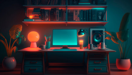 Computer on desk in dark room with bookshelf and plants.の素材