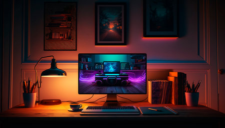 Modern workspace with computer, keyboard, mouse and other items. Night scene.の素材