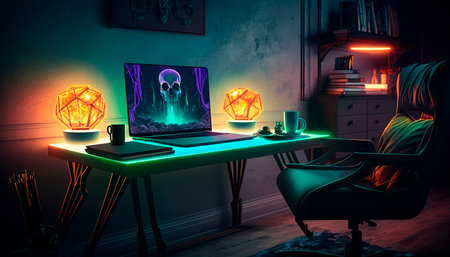Computer in the interior of the room. Neon lights.の素材