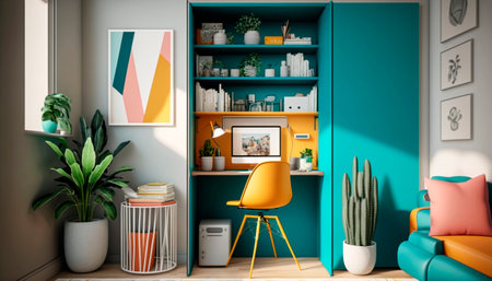 A modern home work with a computer on a table built into a piece of furniture, decorated with vibrant green color.の素材