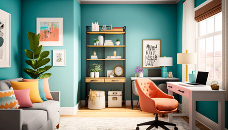 Interior of a modern living room with a blue wall.の素材