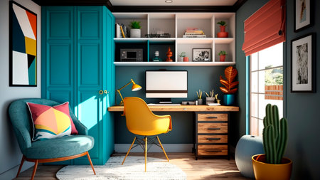 Interior of modern home office with blue walls, wooden floor, armchair and computer.の素材
