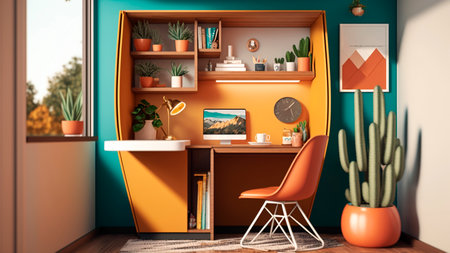 Interior design of modern living room with computer on desk.の素材