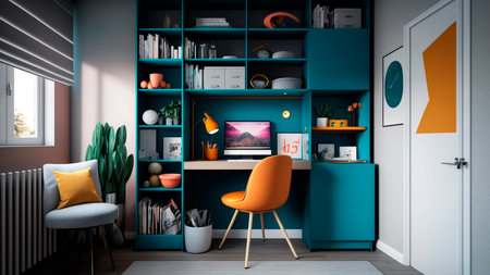 Interior of modern living room with blue and gray walls, wooden floor, comfortable orange chair and bookcase.の素材