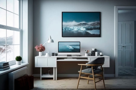 Modern home office interior with computer on desk.の素材