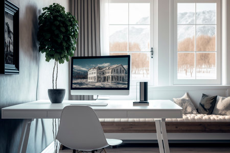 Workplace with computer in modern living room interior with panoramic window.の素材