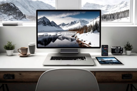 workplace with computer, laptop and coffee cup on wooden table in winterの素材