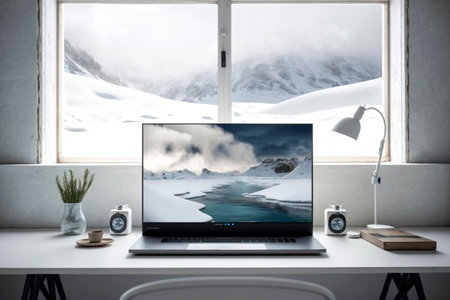 Laptop with blank screen on table in modern home office room with mountains view.の素材