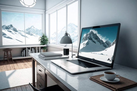 Side view of modern workspace with laptop, coffee cup, books and mountains on the background.の素材