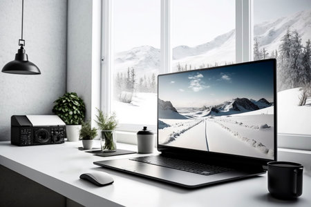 Workplace with laptop, coffee cup and other items on white table near window in winter mountainsの素材