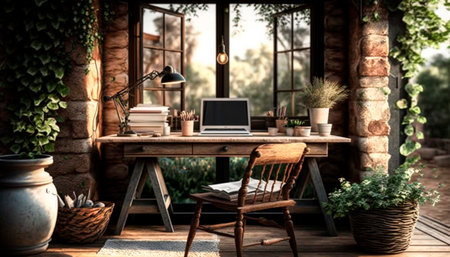 Laptop on a wooden table in a rustic room with a garden viewの素材