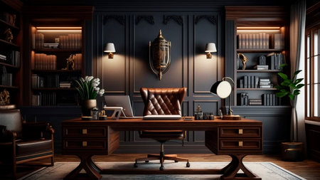 A classic interior room with furniture and bookshelf, rustic style.の素材