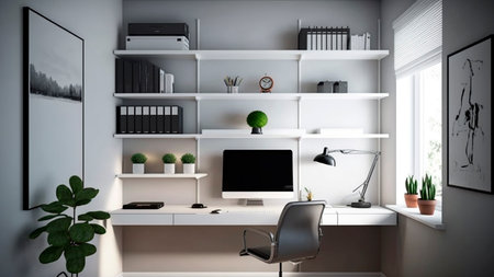 A modern office interior with a computer and bookshelf.の素材