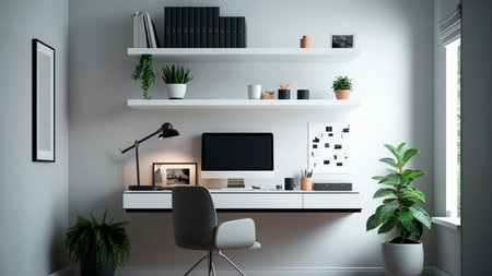 A modern home office interior with a computer and plants.の素材
