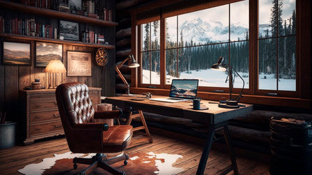 Working space in a wooden house in the mountains. rustic, vintage style.の素材