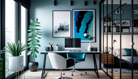 Interior of modern home office with blue walls, wooden floor, panoramic window with green plants and furniture.の素材