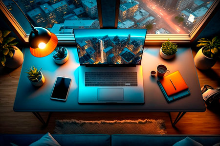 Top view of modern workspace with laptop, smartphone, coffee cup and other objects.の素材