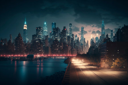New York City skyline at night with urban skyscrapers and bridge. Generative AI.の素材