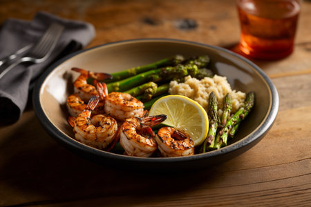 shrimps with asparagus and lemon on a wooden tableの素材
