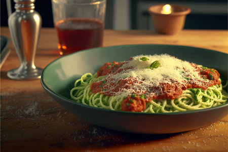 Spaghetti with pesto sauce and parmesan cheese on a plateの素材