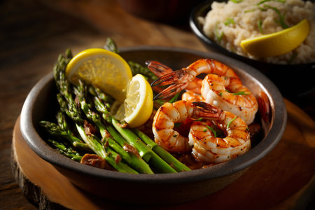 Shrimps with asparagus, rice and lemon on wooden backgroundの素材