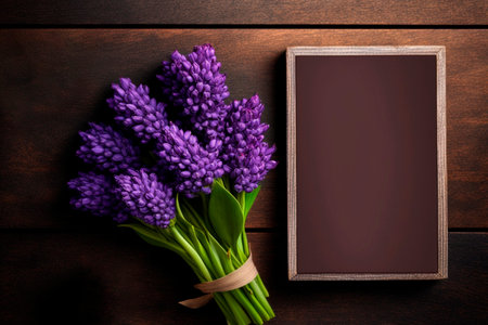 Bouquet of purple hyacinths and blank frame on wooden background with copy space.の素材