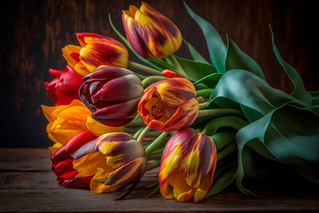 Colorful tulips bouquet on wooden background. Toned.の素材