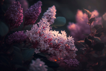 Lilac flowers blooming in the garden at sunset. Vintage style.の素材