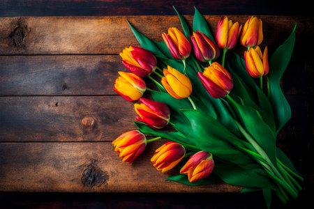 Bouquet of tulips on a wooden background. Top view. copy space.の素材