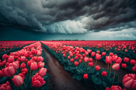 Tulip field in Holland with stormy sky and clouds.の素材