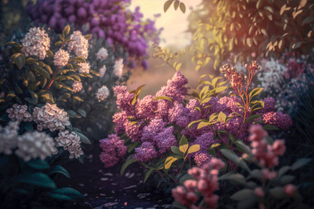 Lilac flowers in the garden with sunlight. Vintage style.の素材