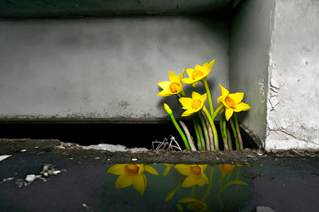 Yellow daffodils in a hole in the concrete wall.の素材