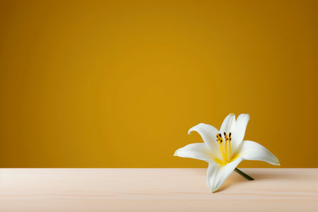 White lily flower on wooden table and yellow background with copy spaceの素材