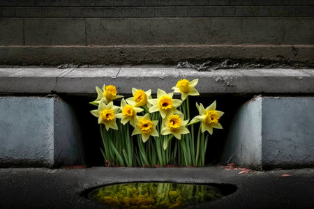 Yellow daffodils in a pot on a stone wall backgroundの素材