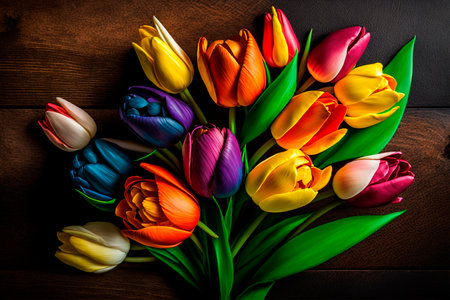 Bouquet of multicolored tulips on a wooden backgroundの素材