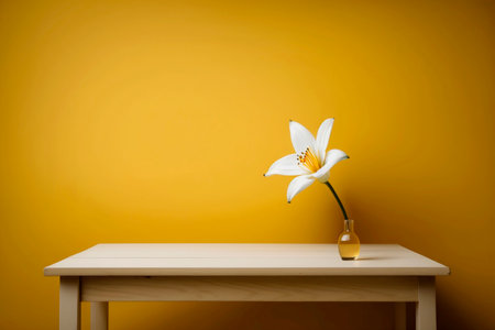 White lily flower in vase on wooden table against yellow wallの素材