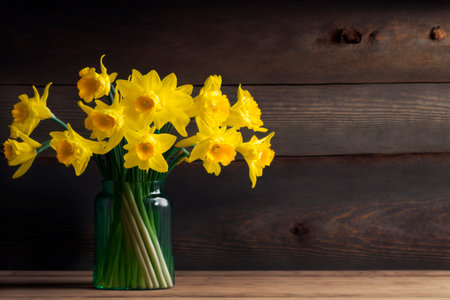 Bouquet of daffodils in vase on wooden backgroundの素材
