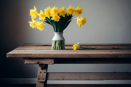 Yellow daffodils in a vase on a wooden tableの素材