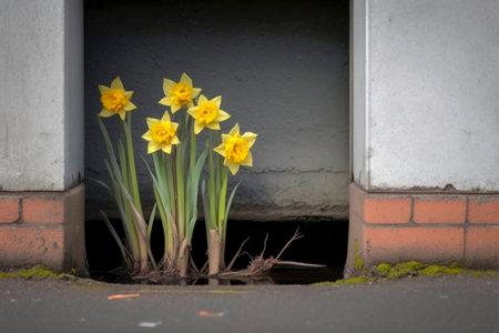 Yellow daffodils in front of a wall in the streetの素材