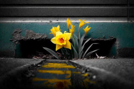 Yellow daffodils in the street with reflection in puddleの素材