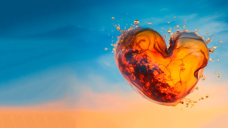 Heart with water splash on sunset sky background with copyspace. Mother's day and Valentine's day conceptの素材