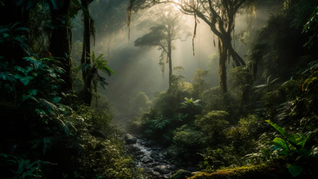 Tropical rainforest with stream and sunlight in the mist.の素材