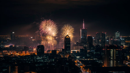 A spectacular fireworks display lights up the sky above the city skyline, Independence Day.の素材