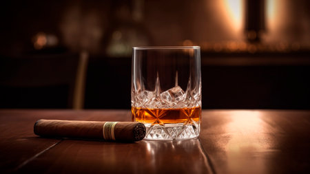 A glass of whiskey with Cuban cigar on a wooden table, for father's day. Selective focus.の素材