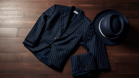 A navy blue pinstripe suit jacket and black hat arranged on a wooden floor, for father's day.の素材