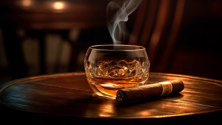 A glass of whiskey with Cuban cigar on a wooden table, for father's day.の素材