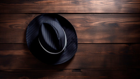 Black hat on wooden background. Top view. Place for text.の素材